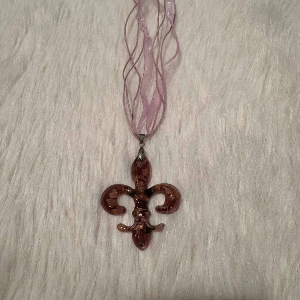 Purple and Gold Fleur-de-Lis Glass Pendant Necklace